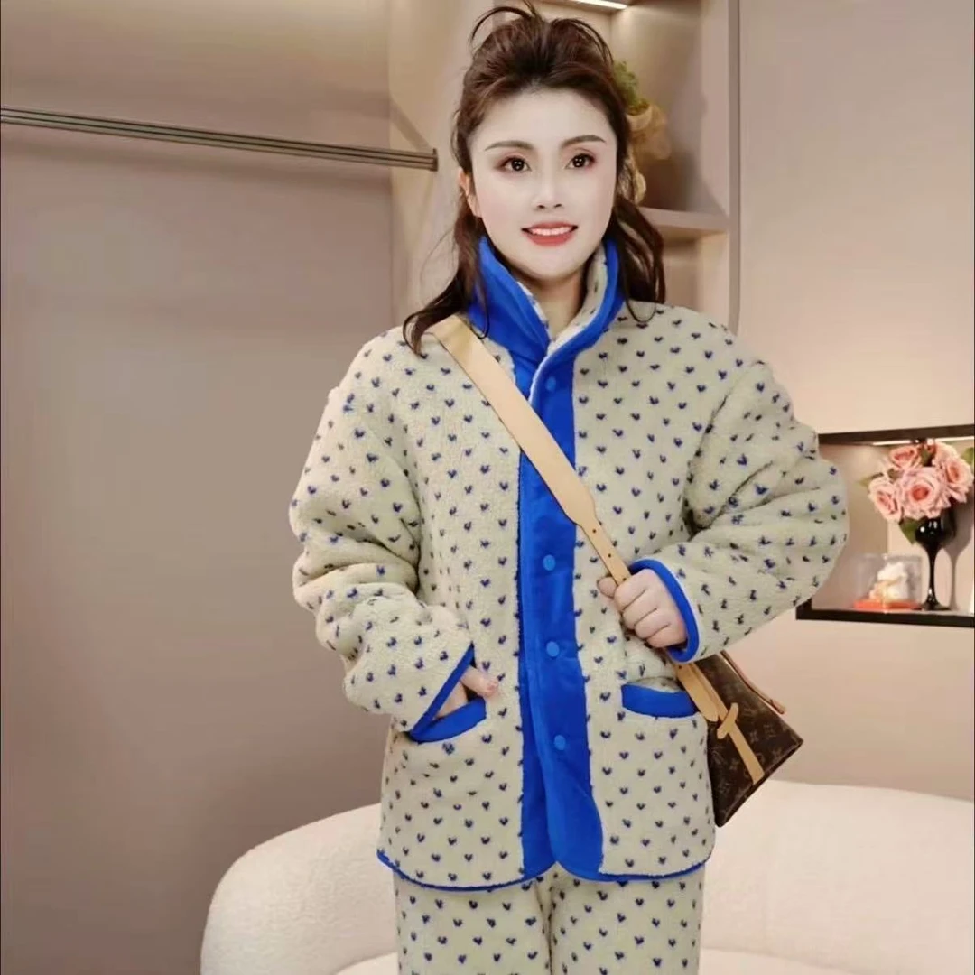 【王小七】2025冬季新款蓝色加厚毛绒保暖女士家居服睡衣