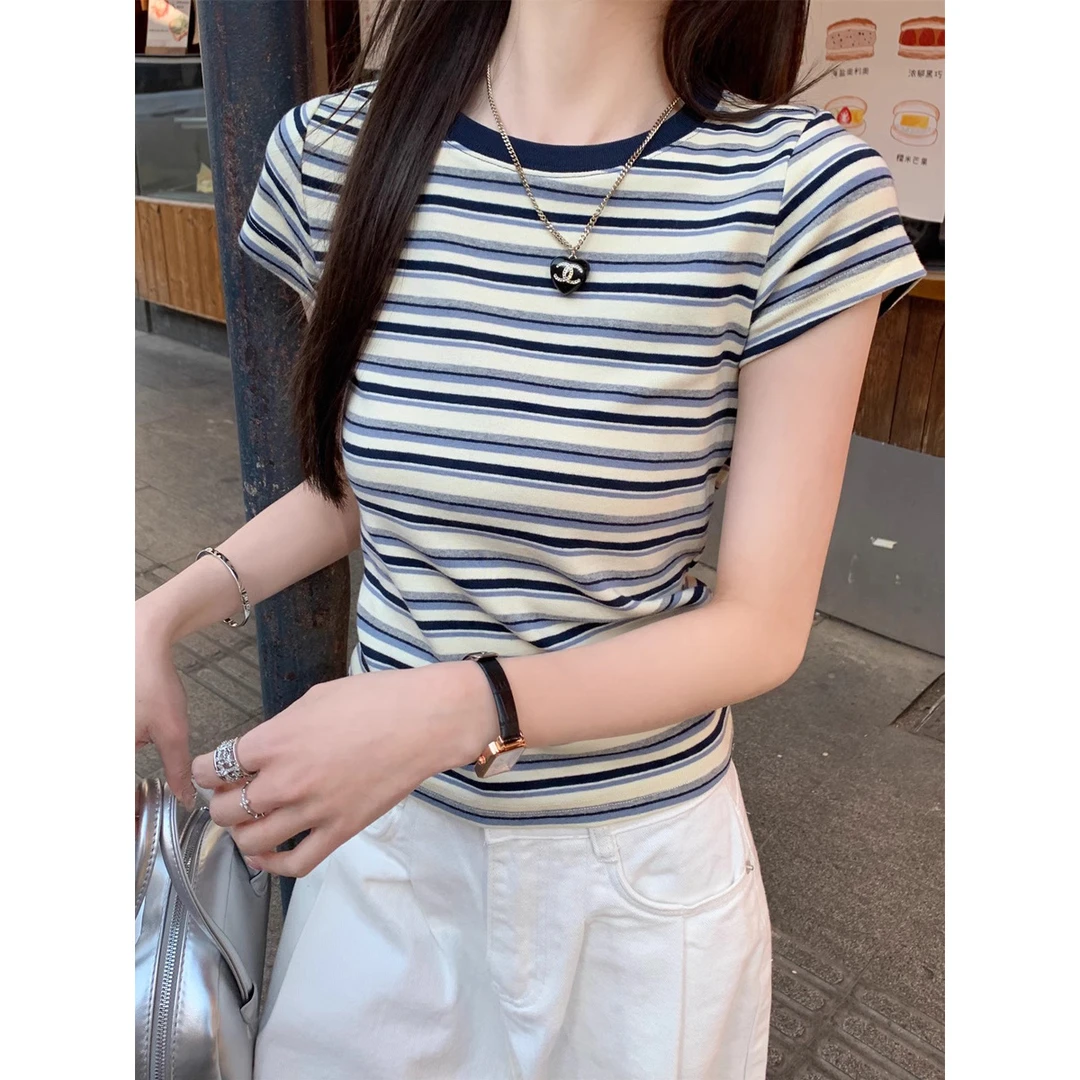 条纹短袖T恤女2025夏季新款复古撞色内搭打底衫修身短款正肩上衣