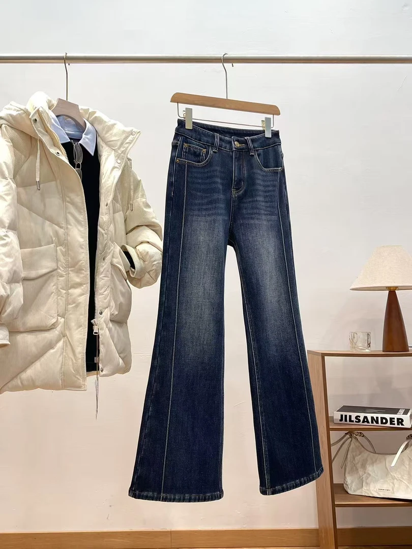 B仿水貂长毛绒！加倍暖！特种绣S微喇微弹牛仔裤 E304 女装 H7559