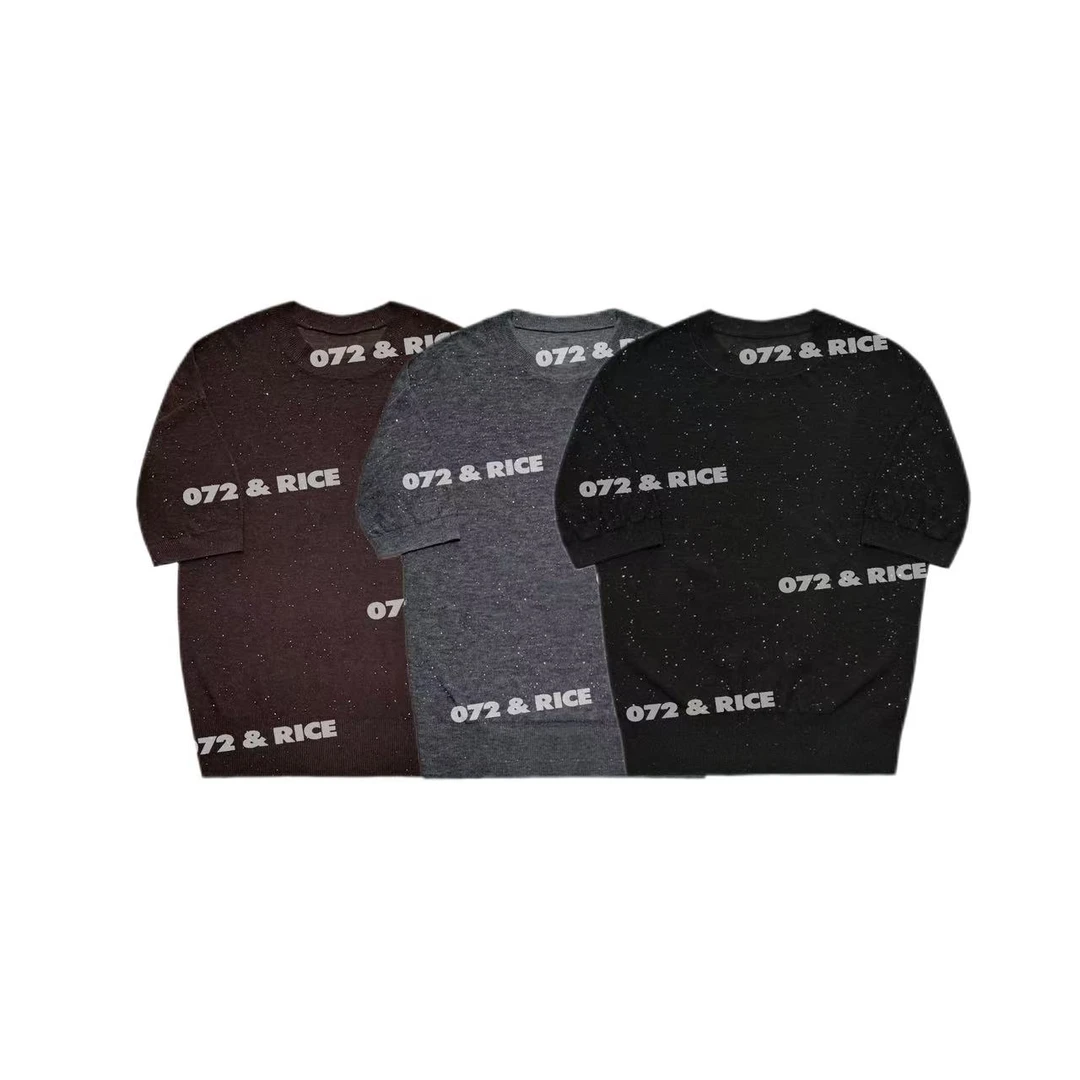 072 & RICE【水溶性繁星】100羊毛 夏季珠片短袖针织衫 A-32JA06