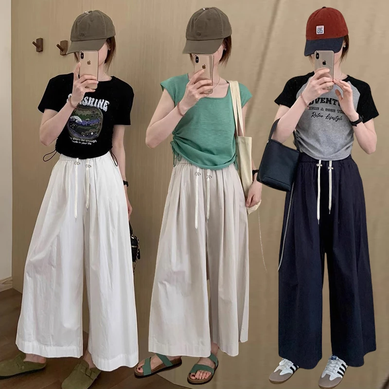 孕妇时尚春夏新款韩版宽松慵懒九分直筒裤高腰抽绳百搭休闲裤