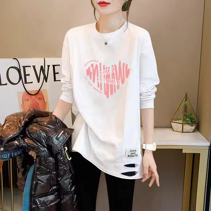 纯棉长袖t恤女春秋季大码女款宽松内搭中长款上衣打底衫白体恤