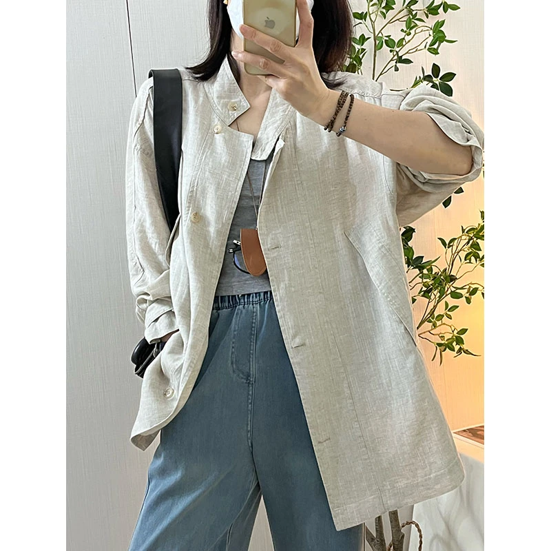 老钱风天丝亚麻薄外套休闲立领中长风衣宽松显瘦纯色防晒衫空调衫