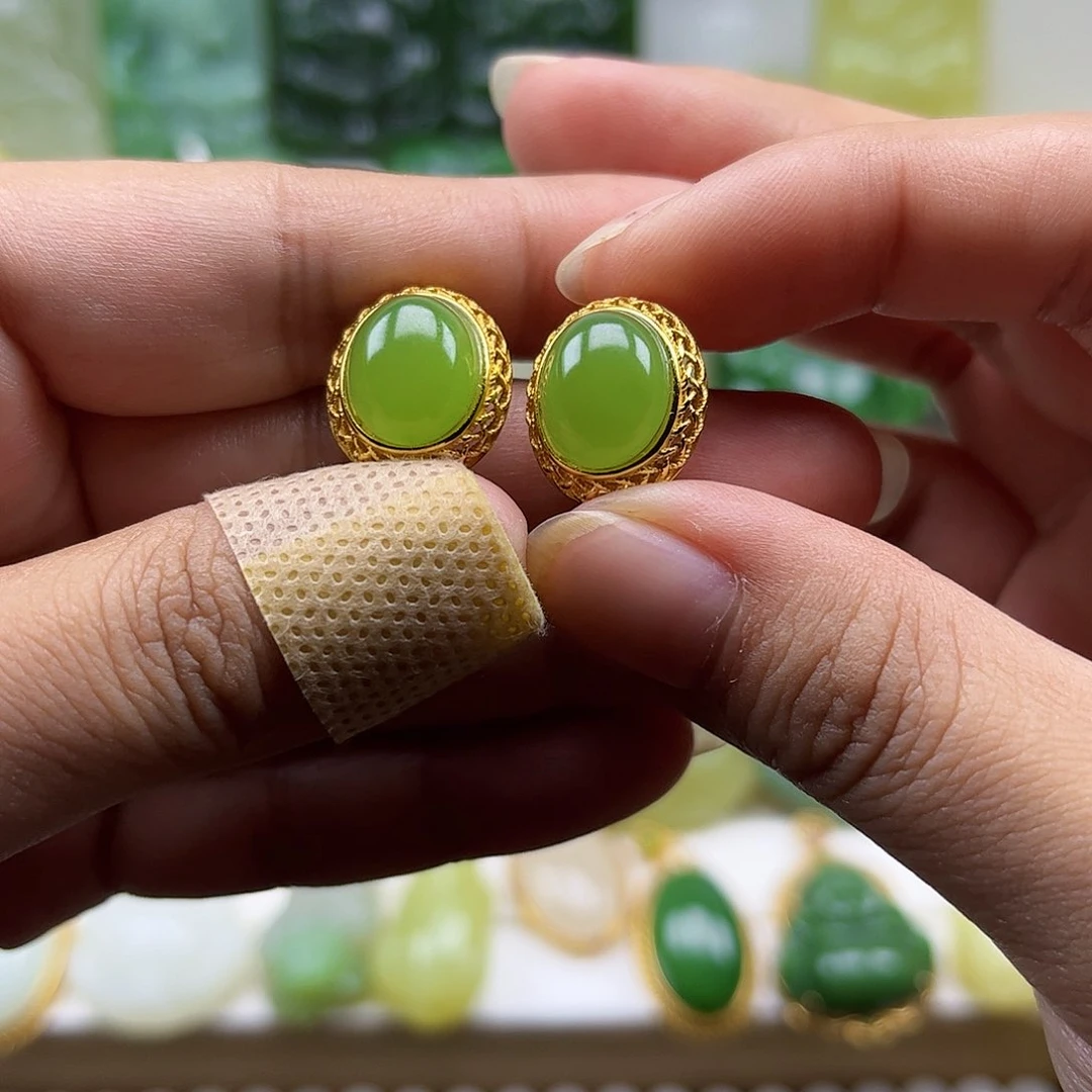 和田玉银S925镶嵌耳饰