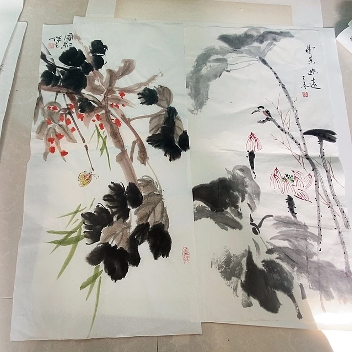 国画四尺四开两张花鸟