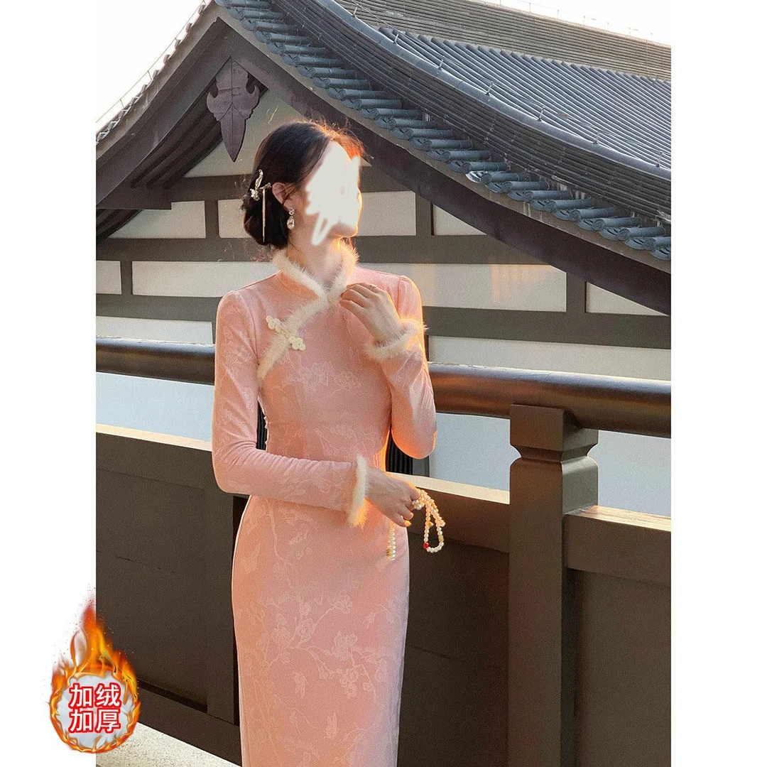 【粉雪梦】国风新中式粉毛条提花长袖连衣裙复古改良旗袍