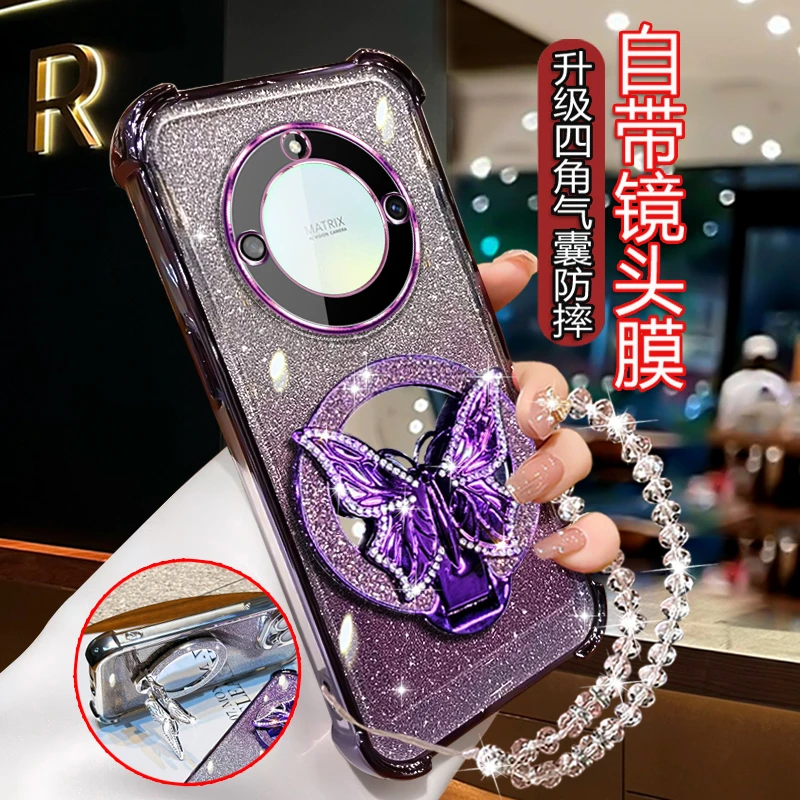 适用荣耀X60手机壳女潮新款网红高级 BRC-AN00闪粉软壳带镜子支架