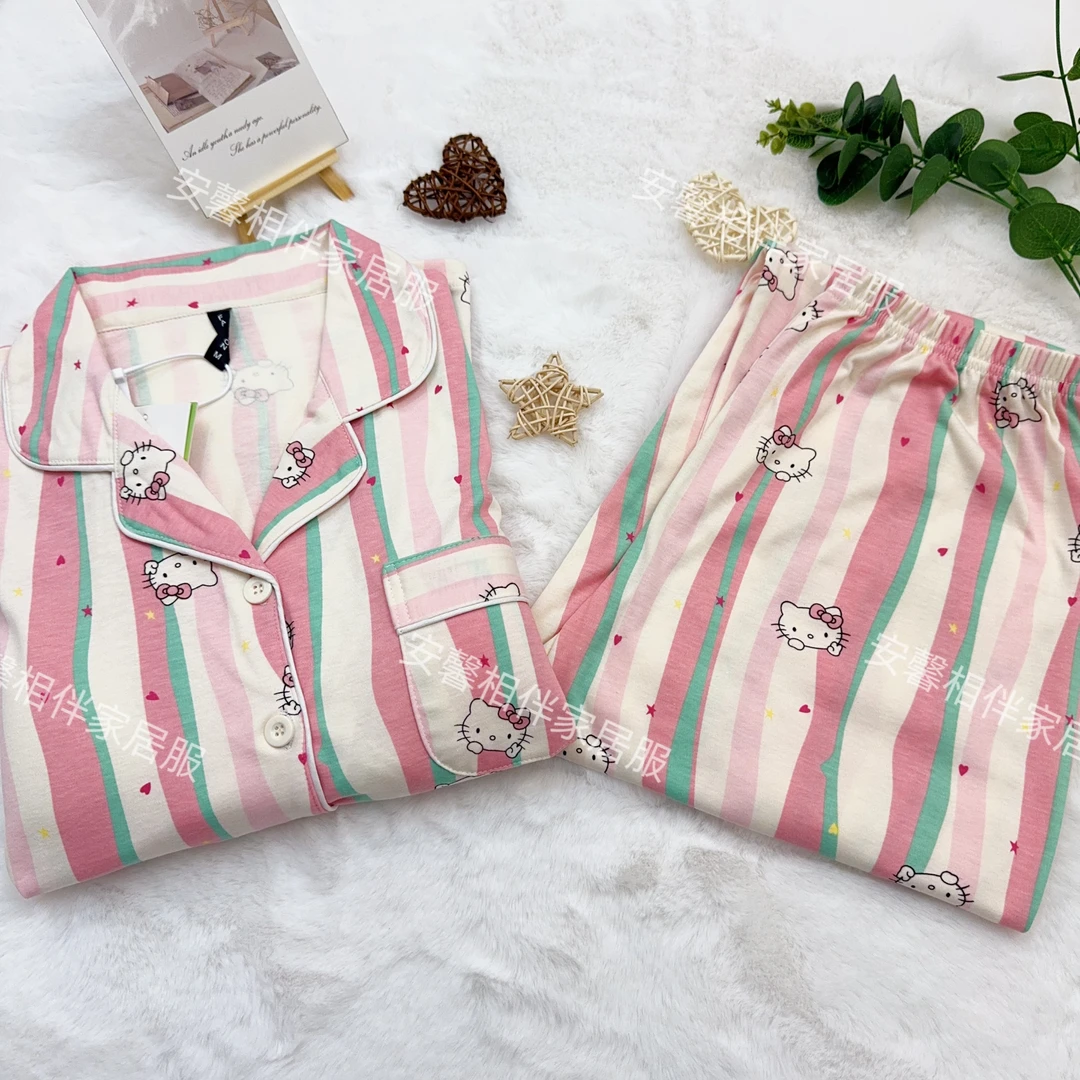 148#秋冬厚款100%棉带胸垫多巴胺KT猫长袖开衫女士睡衣套装家居服