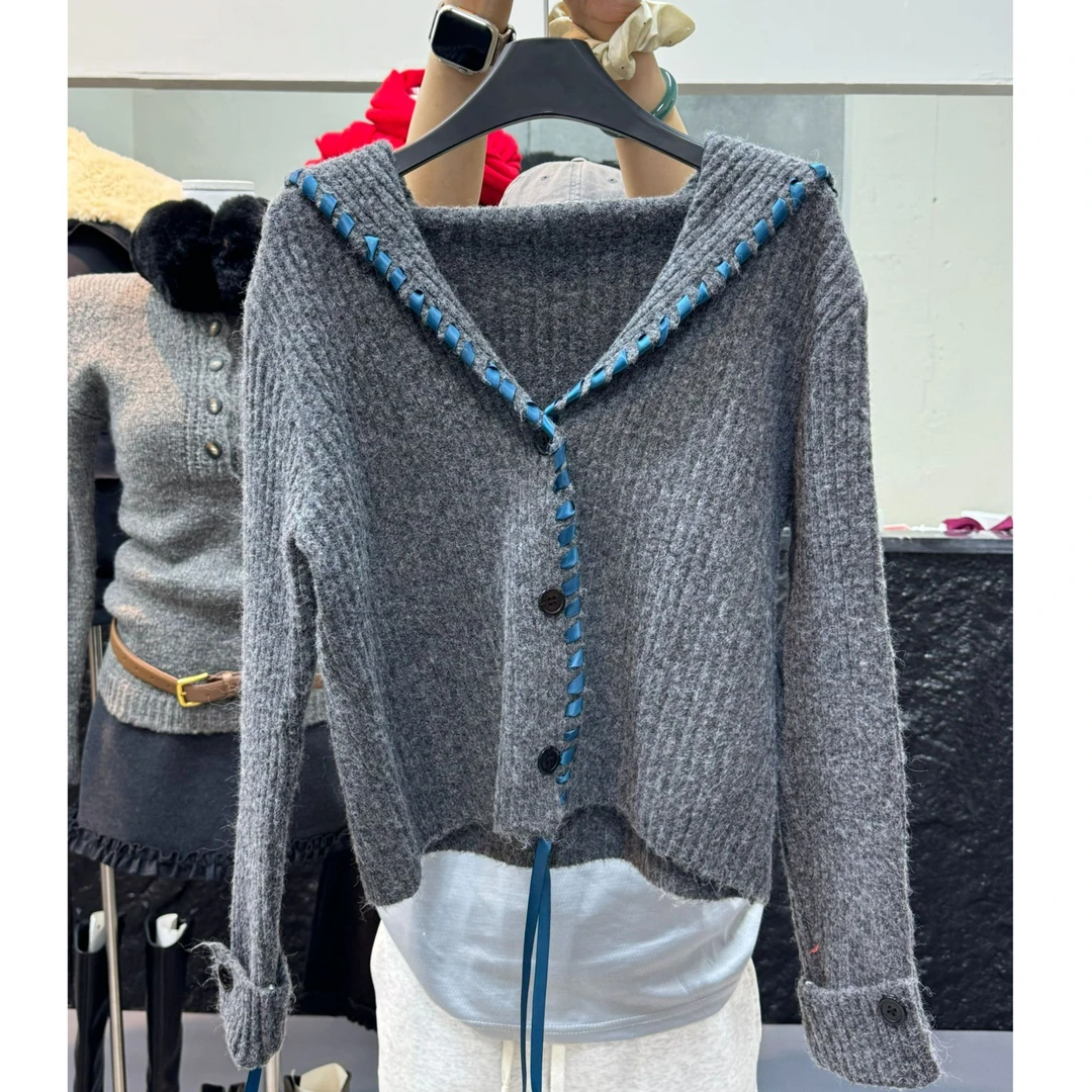 NICE圈圈/有被惊艳到设计款绑绳翻领毛衣开衫A102
