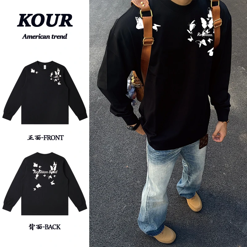 趣味涂鸦蝴蝶美式高街复古印花上衣重磅纯棉宽松百搭落肩长袖T恤