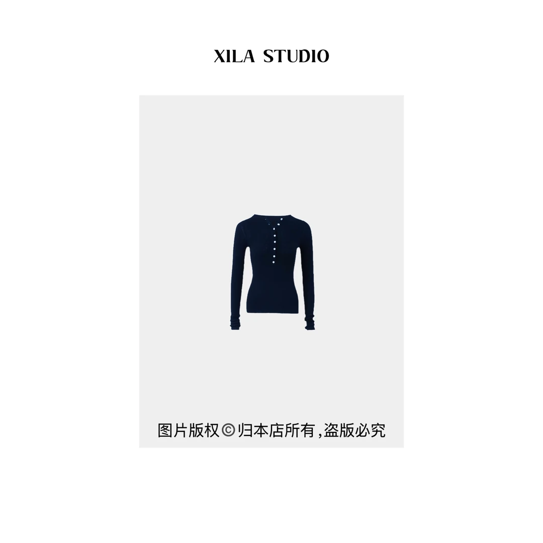 【XILA】进口羊毛莱赛尔亨利领藏青色显瘦T恤