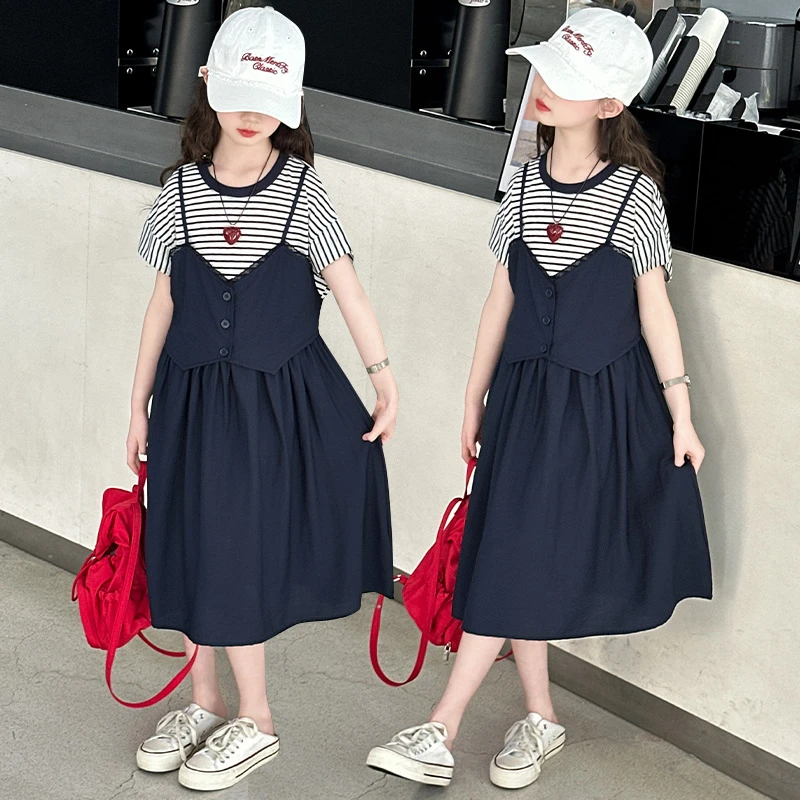 女童夏季新款条纹假两件连衣裙2025女大童韩版时尚洋气宽松休闲裙