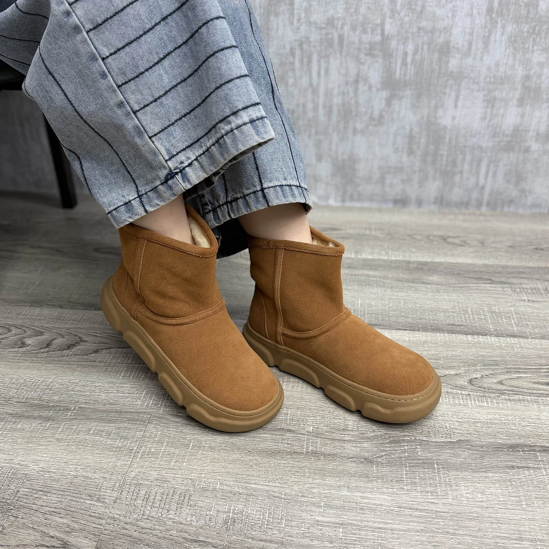 艺鞜2025年冬季新款磨砂真皮羊皮毛一体手工走线厚底一脚蹬雪地靴