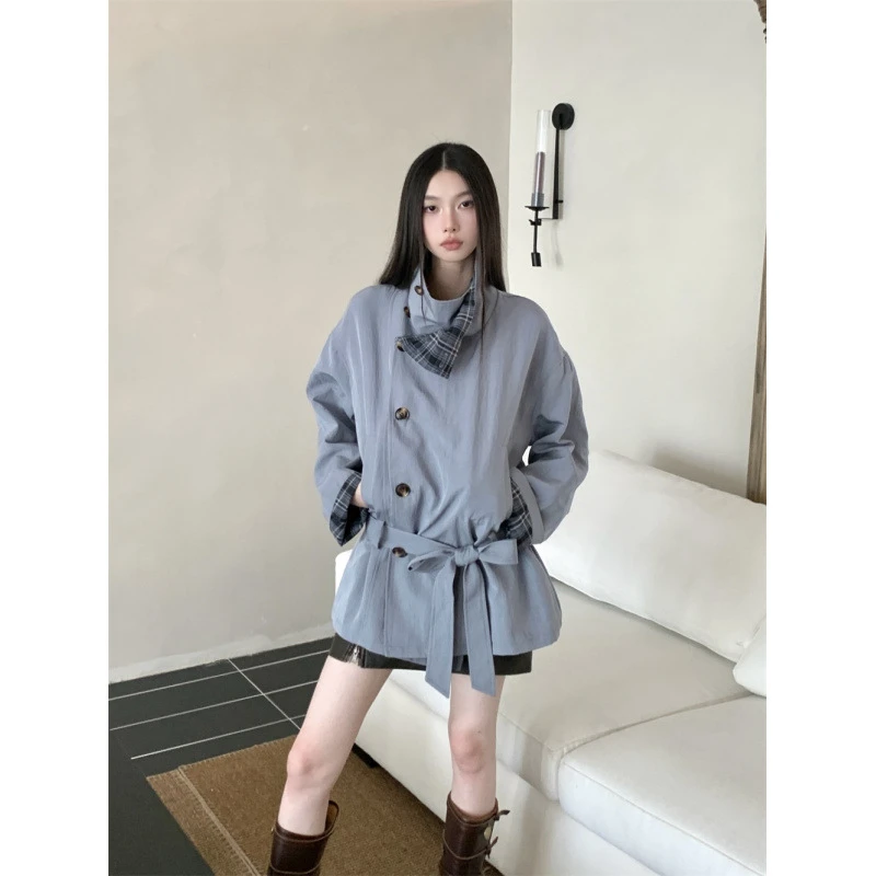 实拍现货复古学院风格纹拼接两面穿束腰风衣短款外套