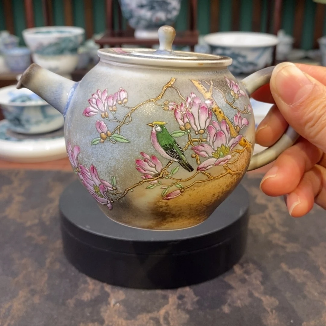 手工陶瓷窑变加彩花鸟壶