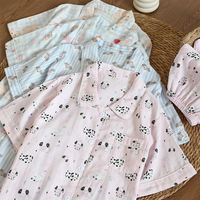 夏季纱布短袖长裤睡衣套装女透气纯棉翻领宽松卡通薄款家居服