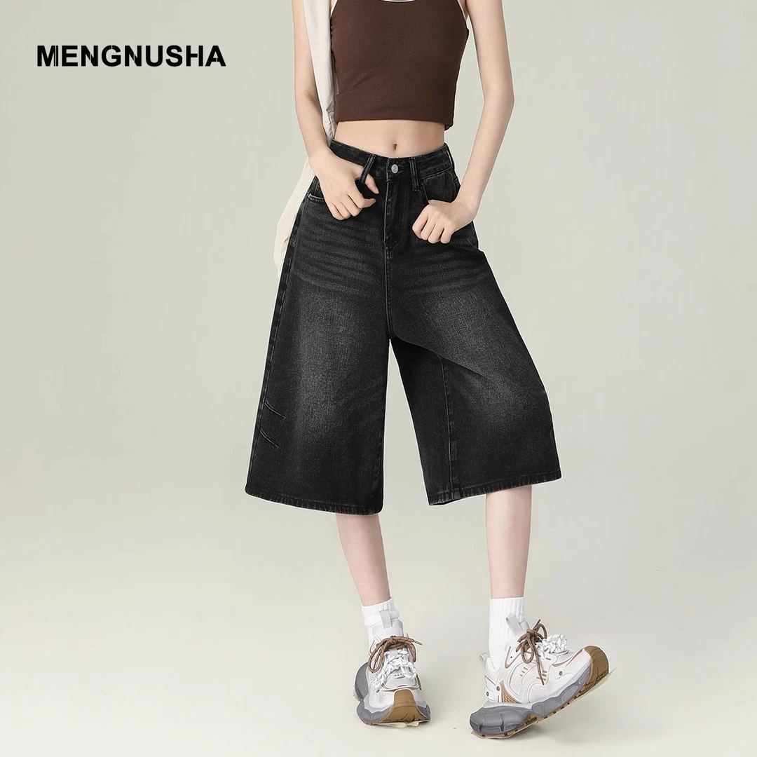 2025新款复古美式黑色牛仔七分裤女夏季高腰阔腿宽松直筒短裤中裤