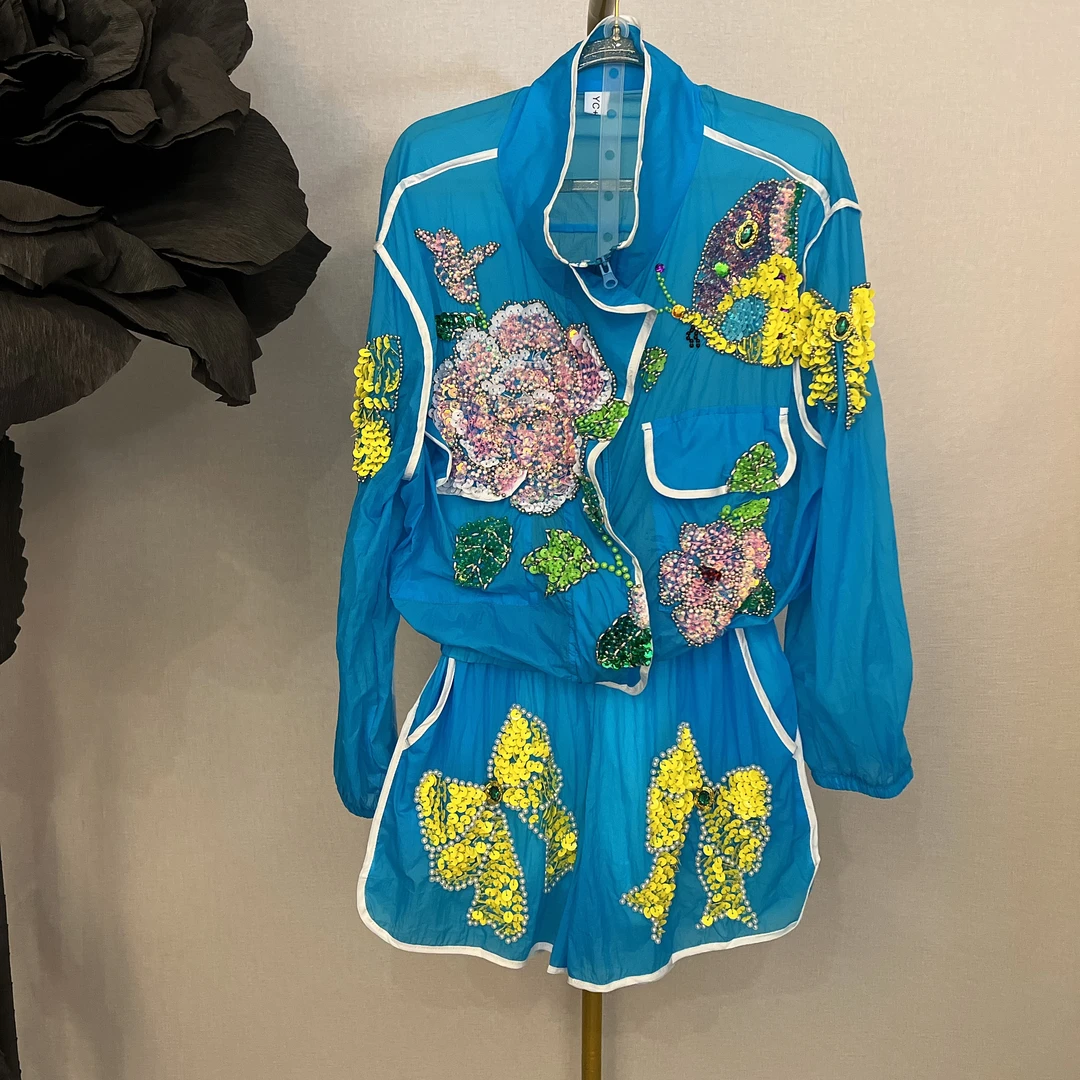 RR2121锐宝潮牌手工重工绣花刺绣宽松亮片设计师薄款夏季时尚套装