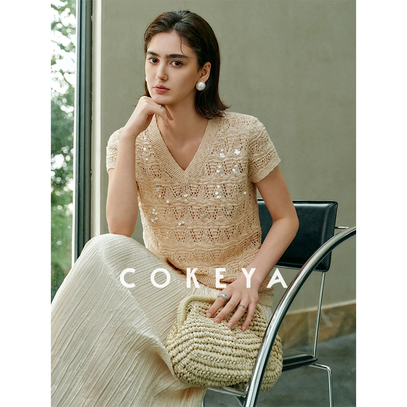 COKEYA/人鱼泪~长绒棉提花镂空设计手工钉珠片透气针织衫T恤短袖