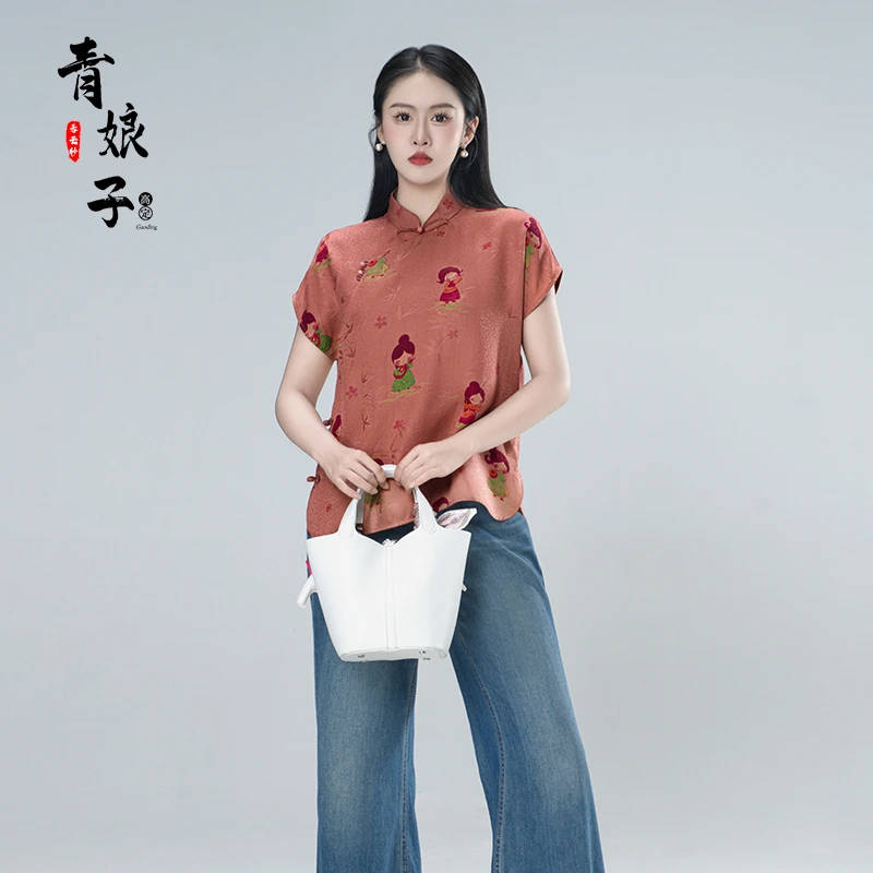 青娘子红云纱（安夏）花萝夏季中式气质百搭宽松短袖上衣--50614