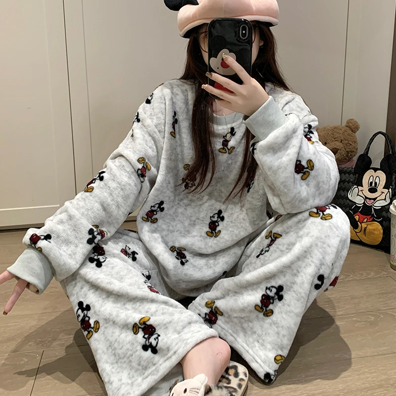 秋冬季保暖加厚米粒绒睡衣圆领卡通甜美ins米奇套装家居服少女韩
