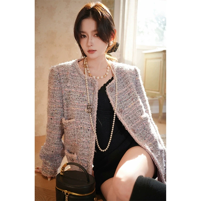 【年中大促】毛混纺花式呢编织风小香外套女简约烟粉色圆领上衣