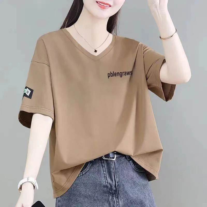 FAVMARTHA2025新款纯棉t恤女短袖夏季V领韩版宽松大码显瘦遮肉胖m