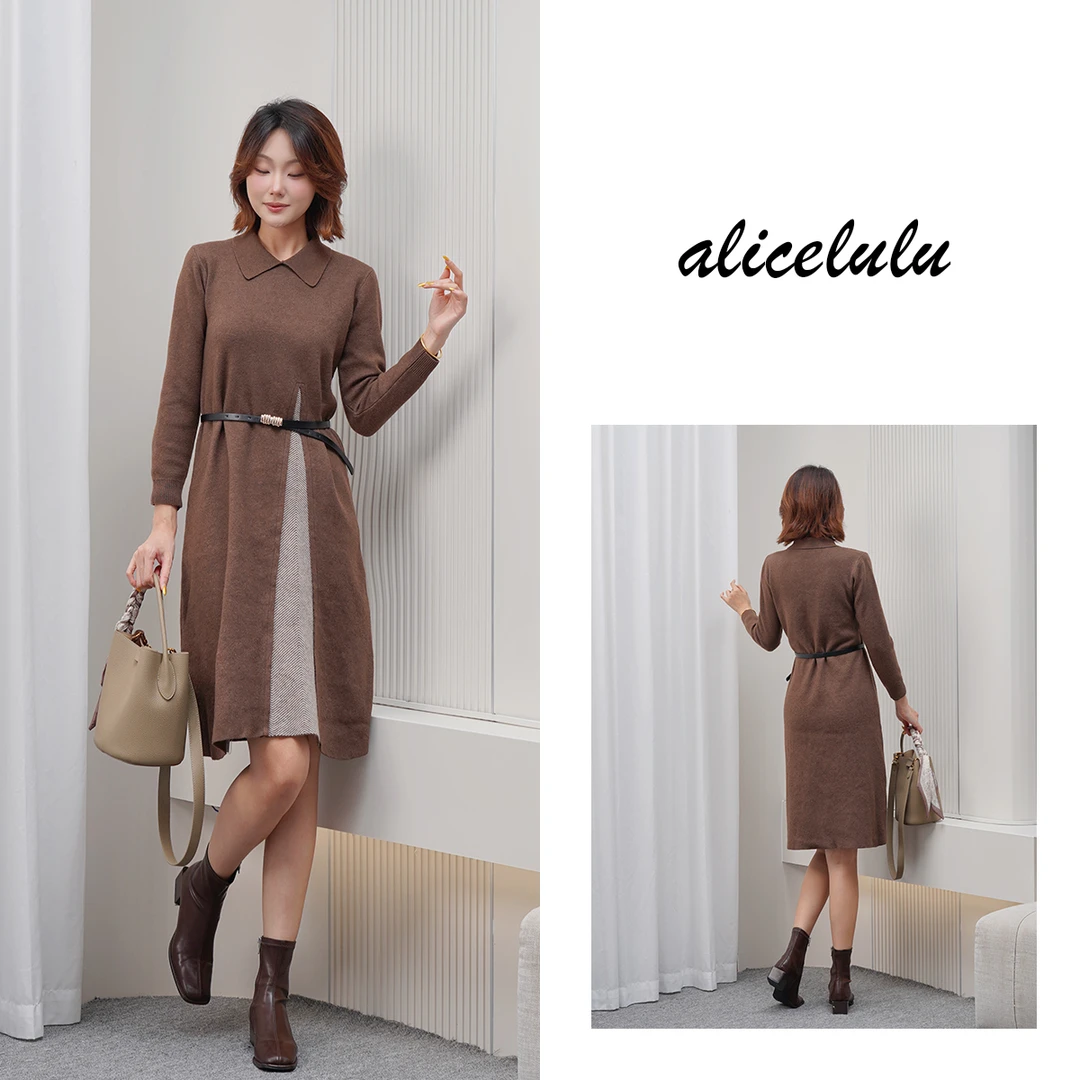 [alicelulu]翻领针织连衣裙显瘦拼接赫本风S1035375T