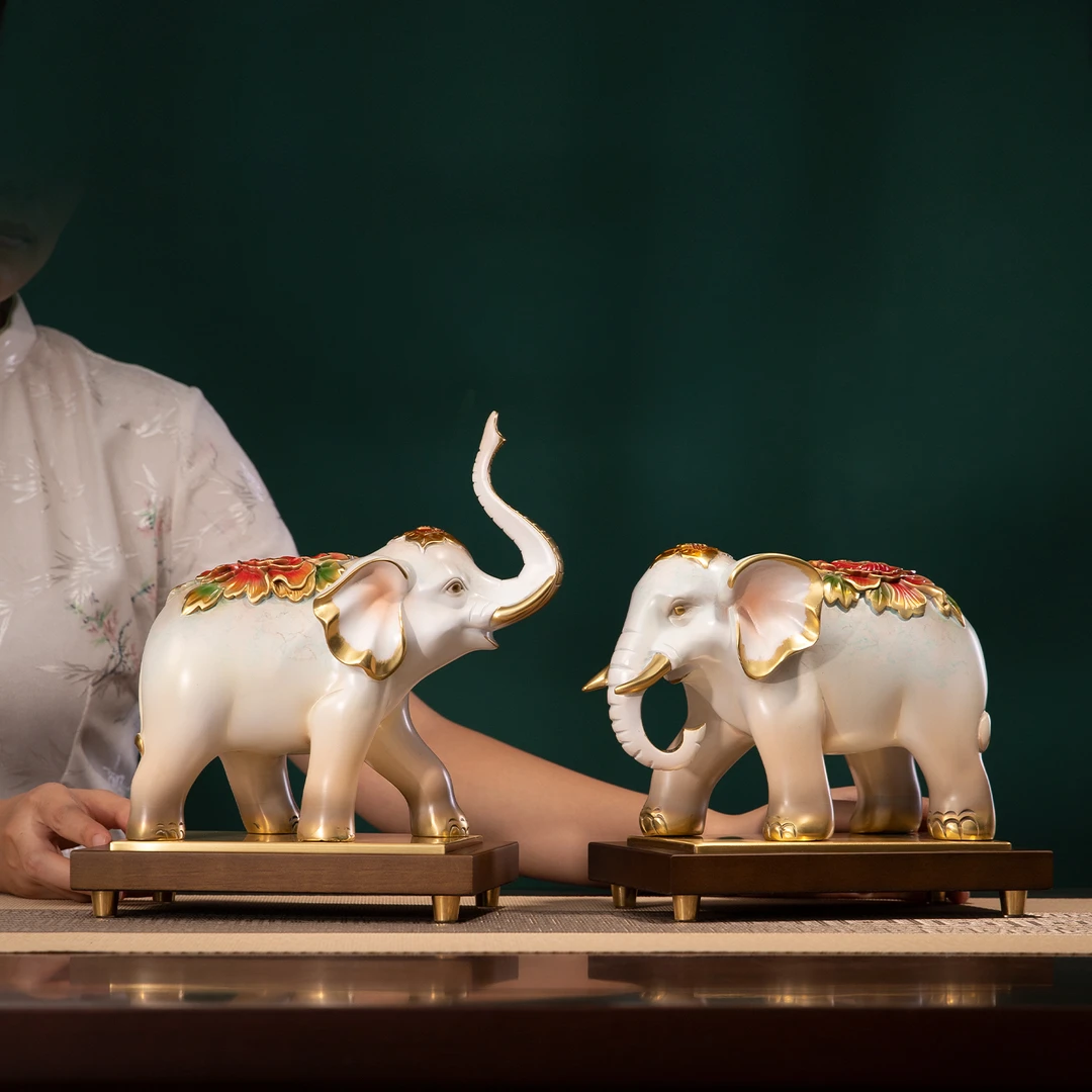 新中式黄铜大象摆件吸水招财一对客厅玄关办公室乔迁开业装饰礼品