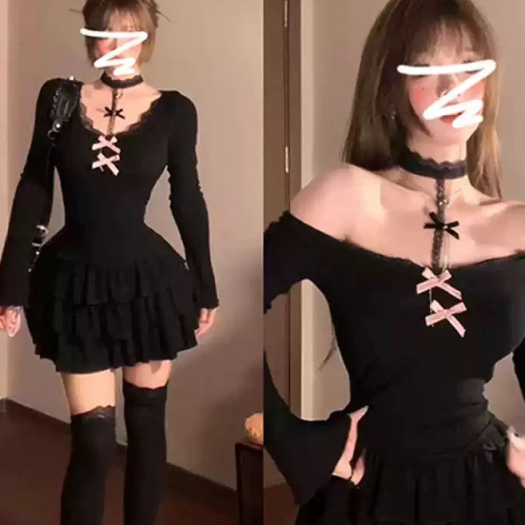 依依家大码女装1029纯欲性感连衣裙黑色拼接蕾丝蝴蝶结甜酷减龄