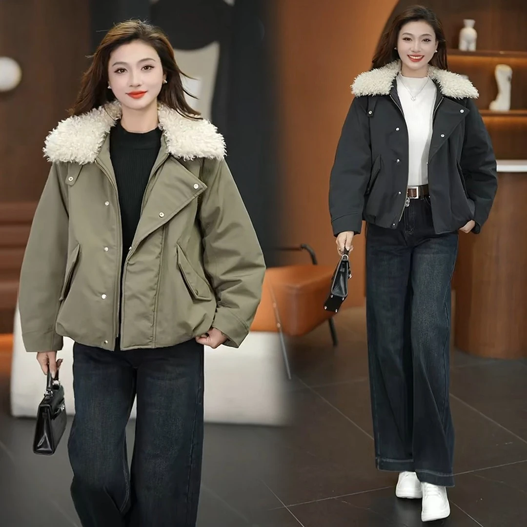 时尚羊羔毛领派克服外套女短款百搭加厚保暖韩版秋冬显瘦小个子