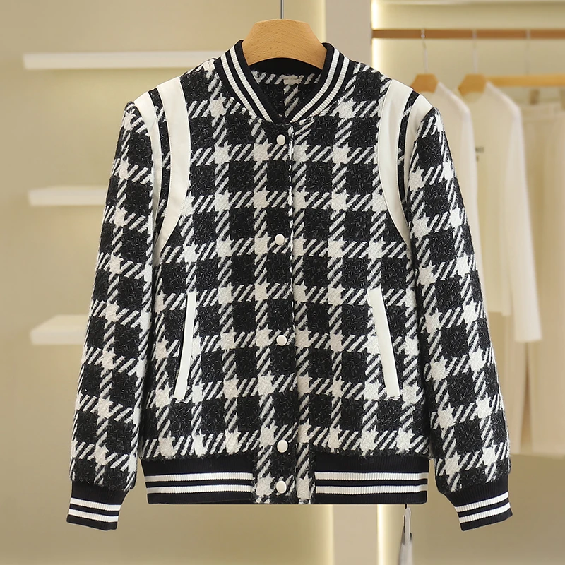 【伍莎-自营】棒球领格纹暗扣毛呢外套#ZXA48W011