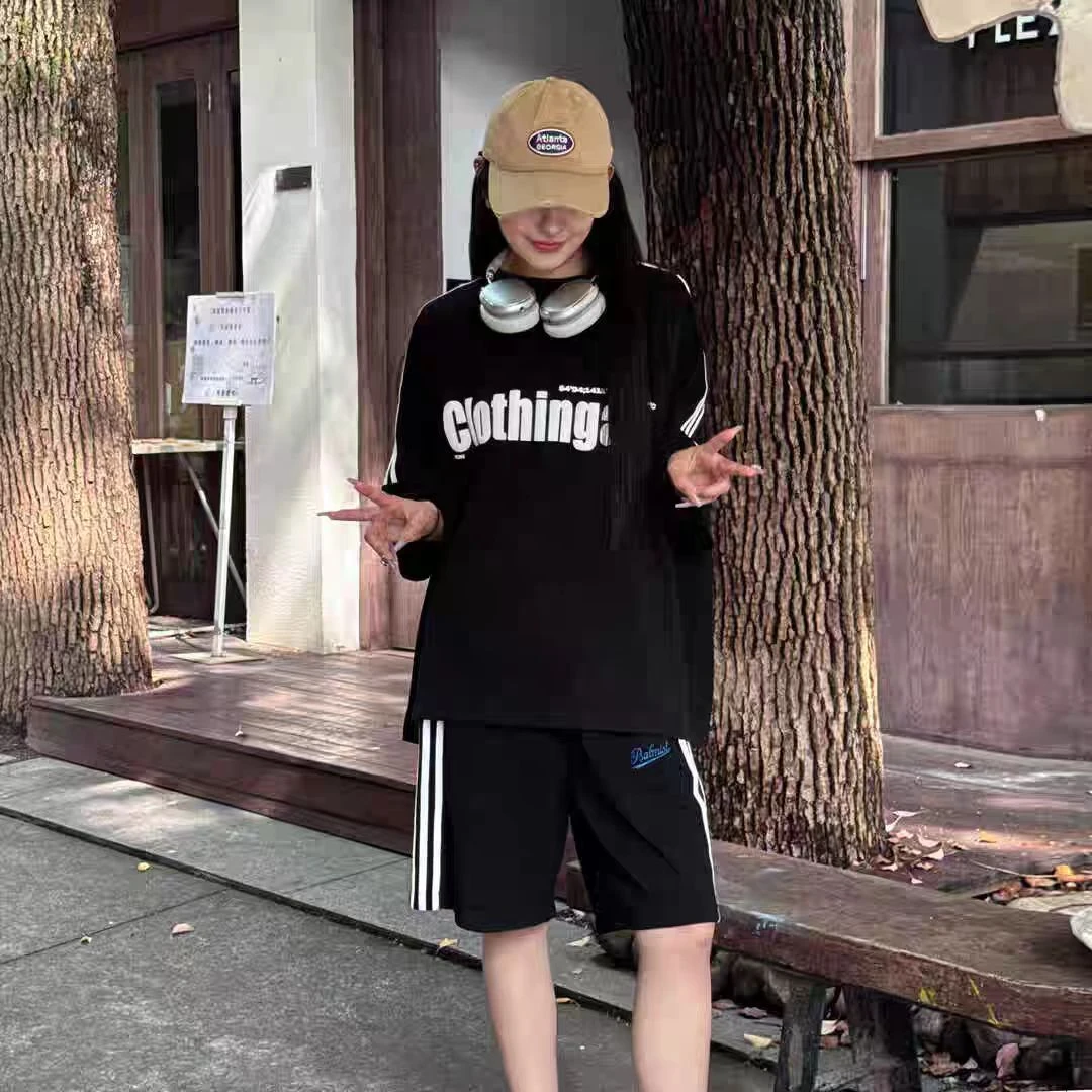 24029夏季情侣款潮牌美式复古学院风字母运动短袖短裤休闲套装