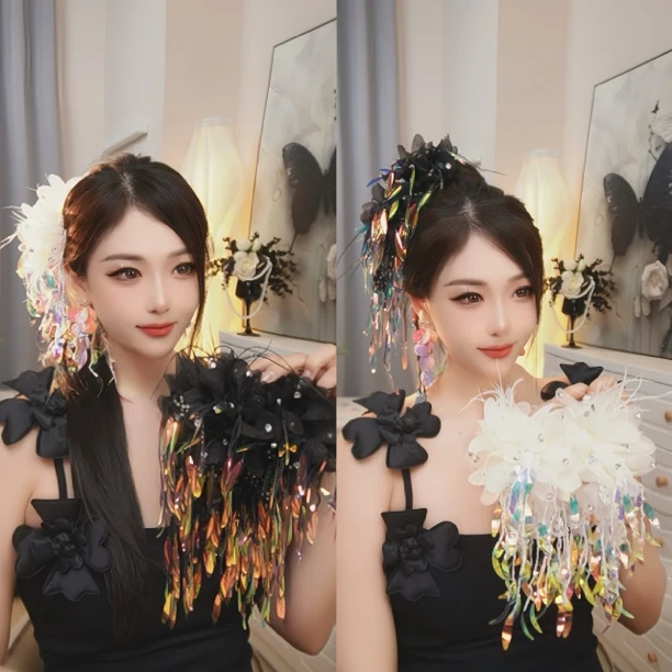 【彩虹微笑】百搭时尚个性气质花朵彩色流苏抓夹