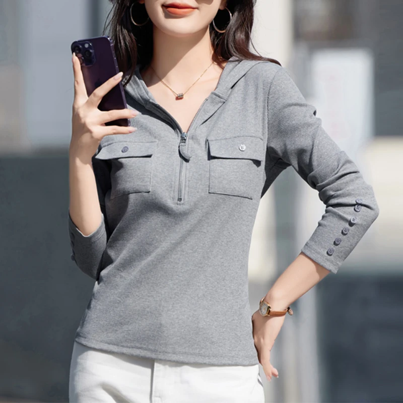 时尚减龄拉链连帽长袖T恤女2025春季韩版打底帽衫洋气修身上衣潮