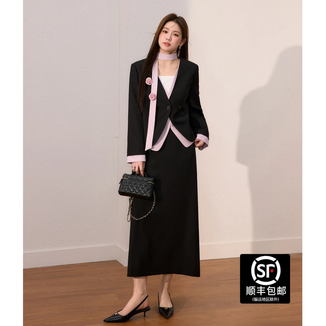 蓝语大码气质小香假两件西装外套巨显瘦a字半身裙开秋小套装04241