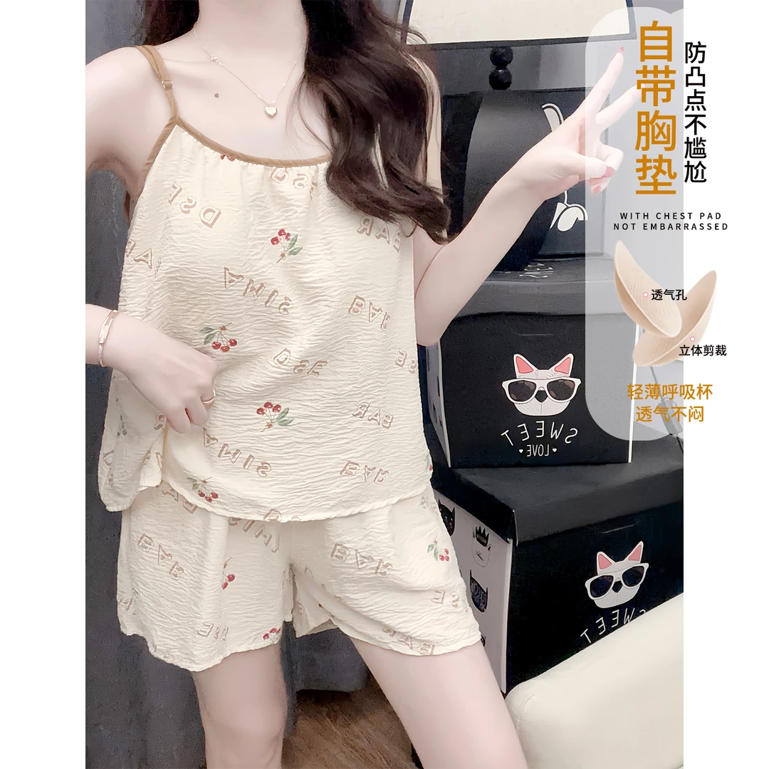 夏季天睡衣女性感吊带胸垫甜美樱桃云朵棉套装2025新款家居服