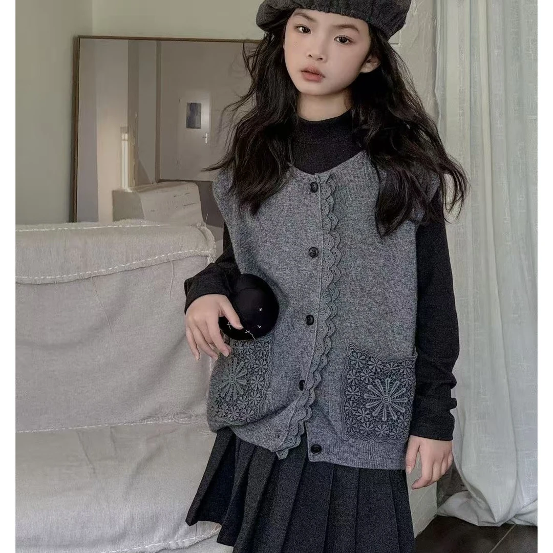 秋冬女童花布口袋毛衣背心灰色 8105驰系