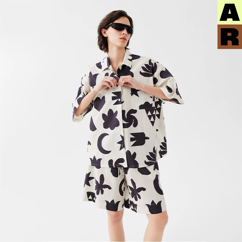 AR【花花变奏】古巴领可外穿家居服套装纯棉休闲宽松短袖睡衣短裤