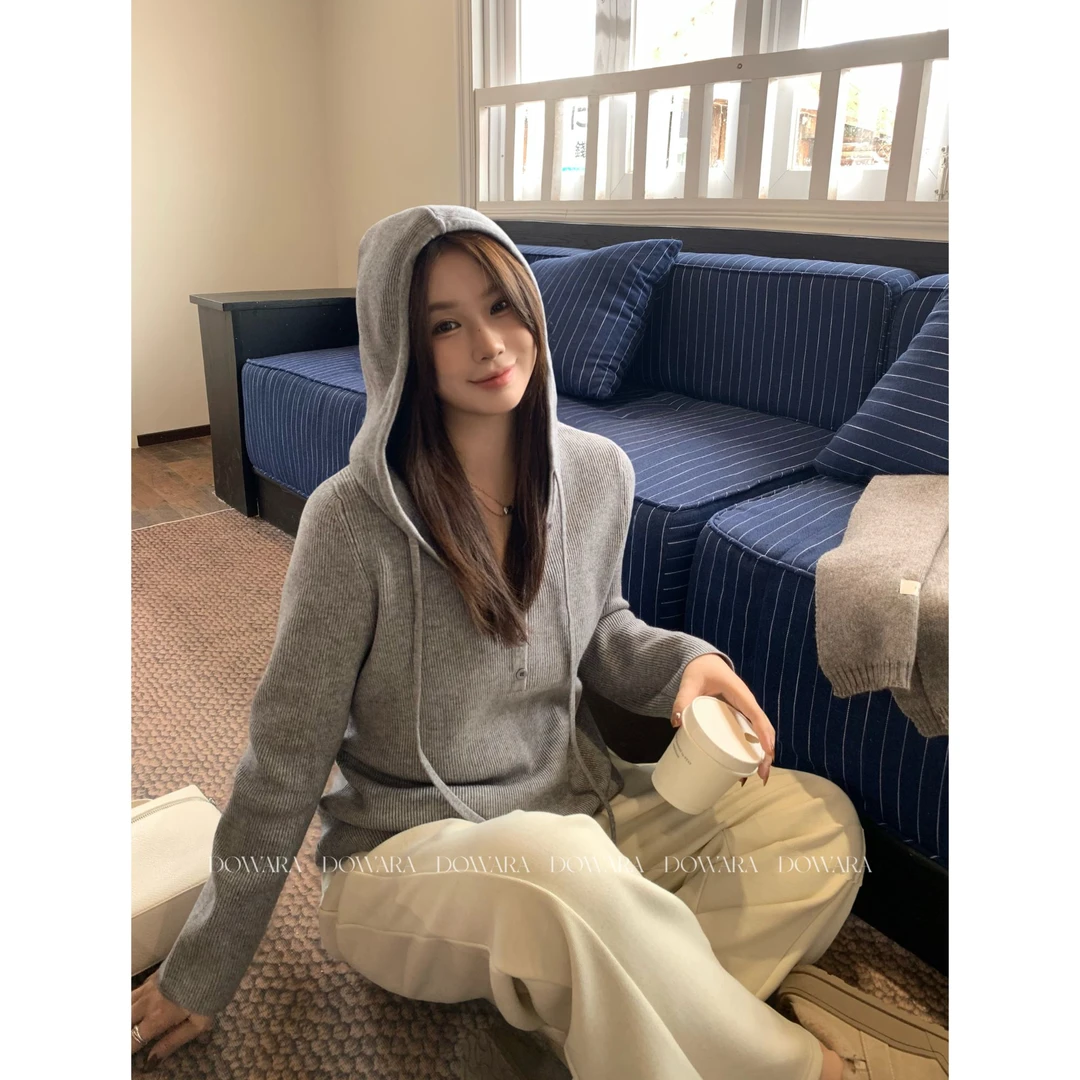 现货2844X大婉酱肉肉微胖定制【云程脉络】早秋连帽抽绳毛织女上衣