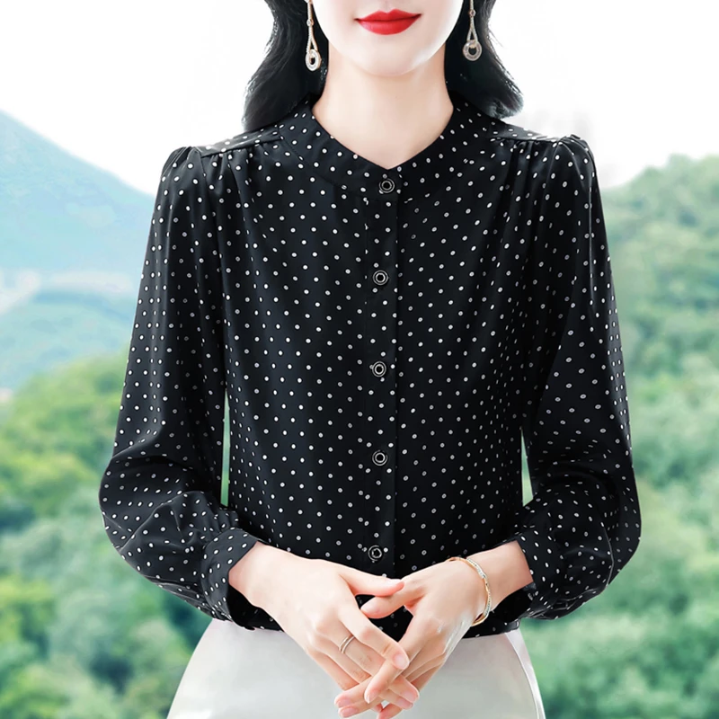 波点印花雪纺衬衫女长袖2025秋季新款洋气减龄妈妈小衫高级感上衣