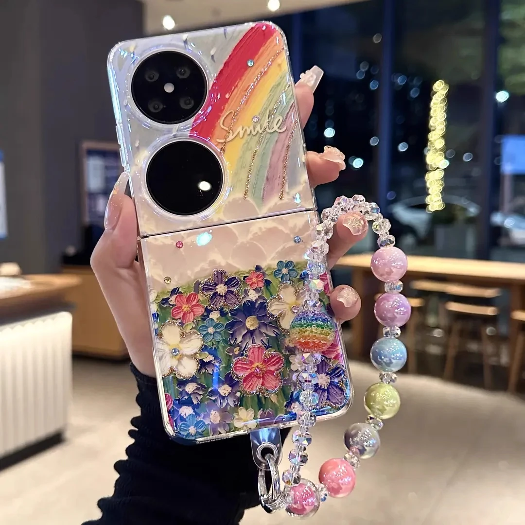 适用华为pocket2手机壳点钻油画彩虹花海p50pockets手链壳女款ins