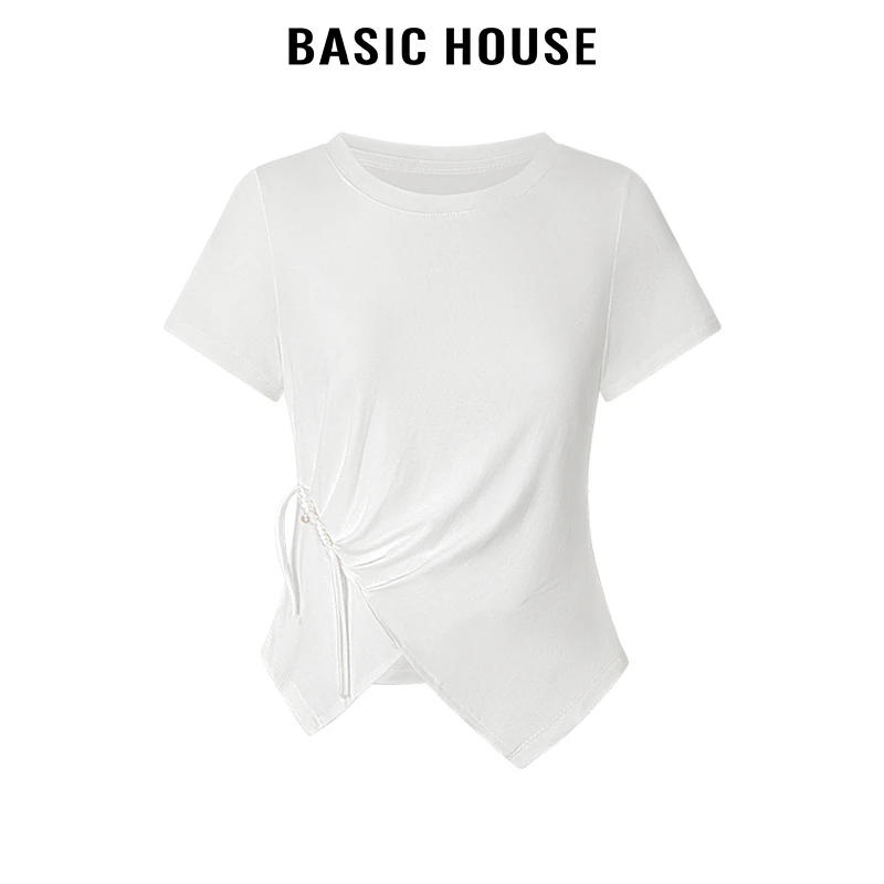 百家好/BasicHouse小众别致圆领新中式2024盘扣褶皱短袖T恤上衣女