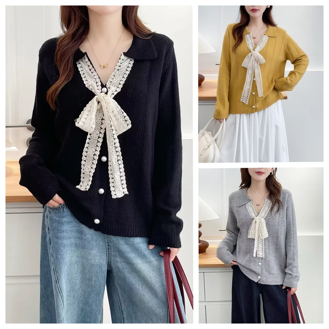 秋冬新款女士大码针织衫蝴蝶结翻领毛衣上衣气质洋气时尚宽松显瘦