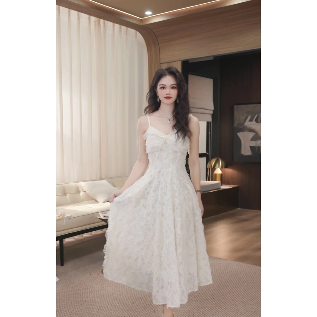 依漾自制-【晨曦之光】夏日新款法式气质甜美设计感蕾丝系带连衣裙