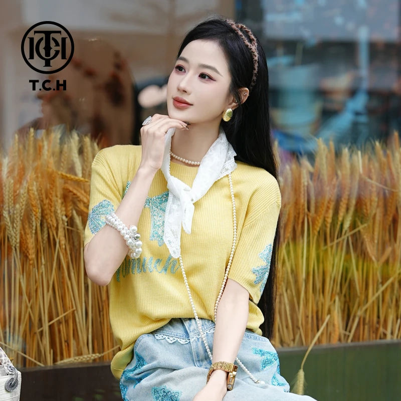 TCH现货私服烫钻工艺蝴蝶结时尚黄色针织T恤女T75A09E5075轻奢tch