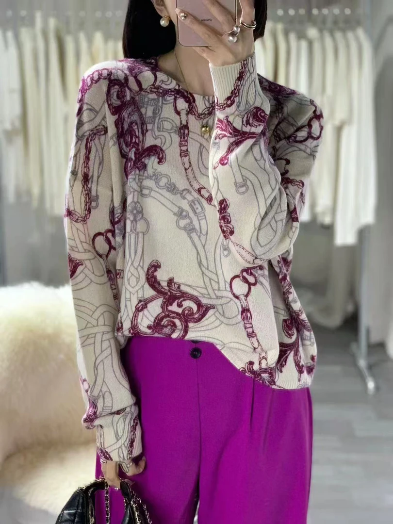 上衣印花长袖羊毛圆领外穿针织衫9581