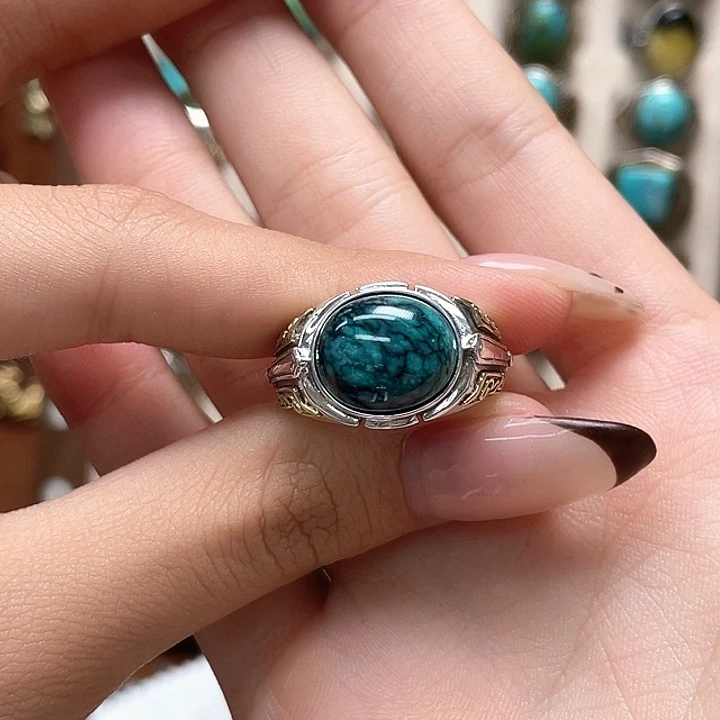 优***优绿松石银S925镶嵌戒指