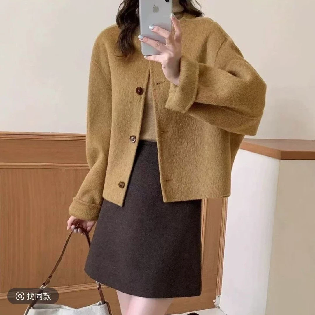 双面羊毛毛呢大衣2025秋冬韩系短款圆领小香风宽松短款外套