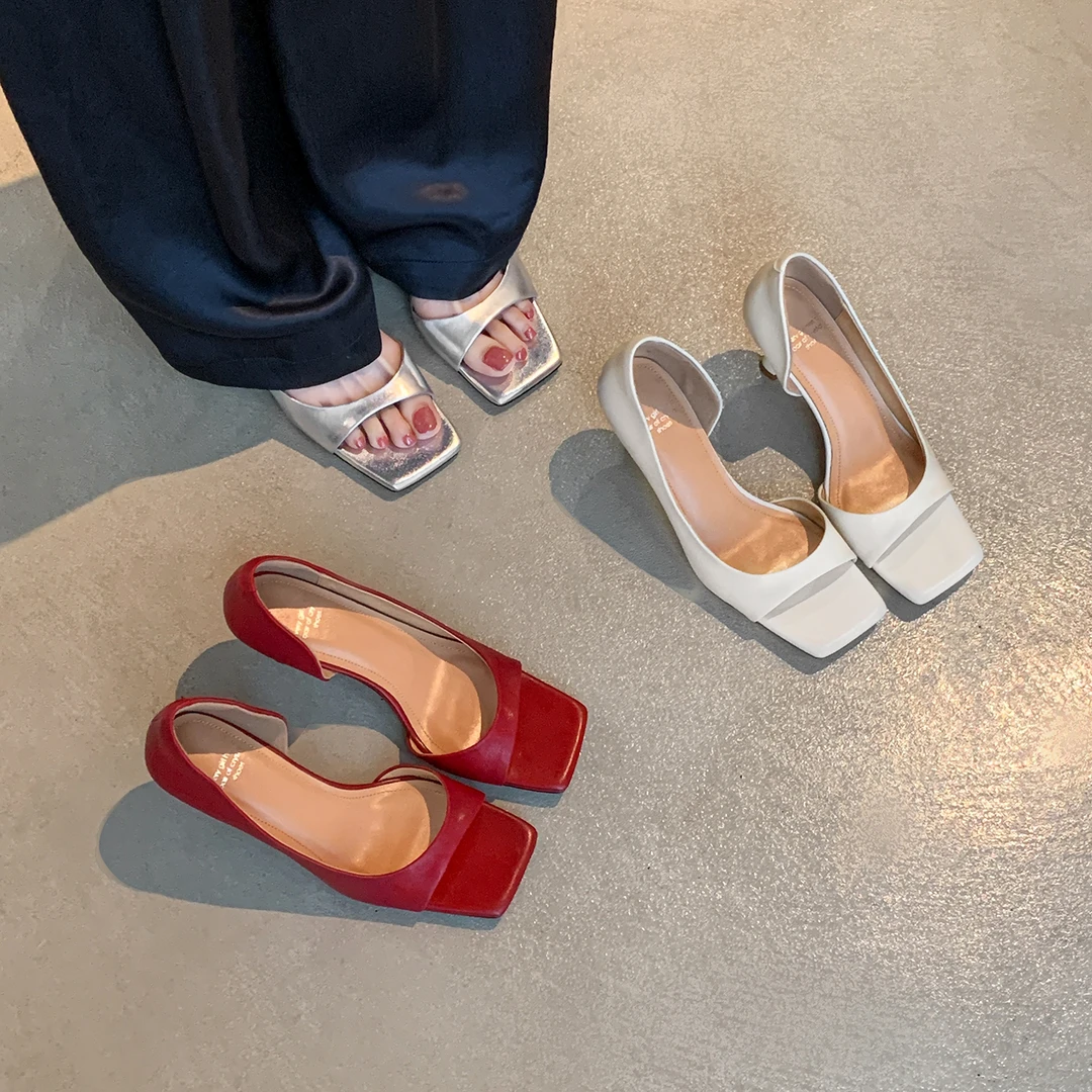 Sheriley77小众百搭法式复古版银色粗跟凉鞋方头女夏季高跟凉鞋